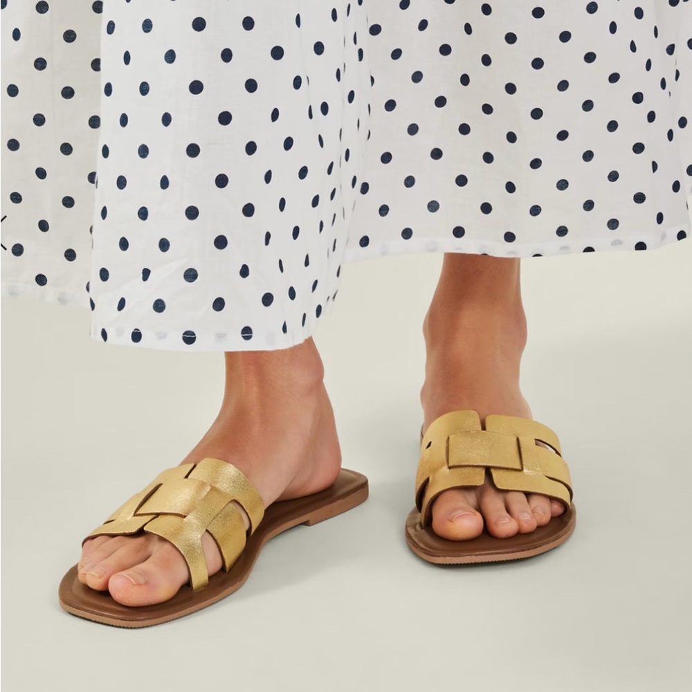 NWT Accessorize London Gold Slide Sandals size 9 Womens Faux Leather Flat Summer